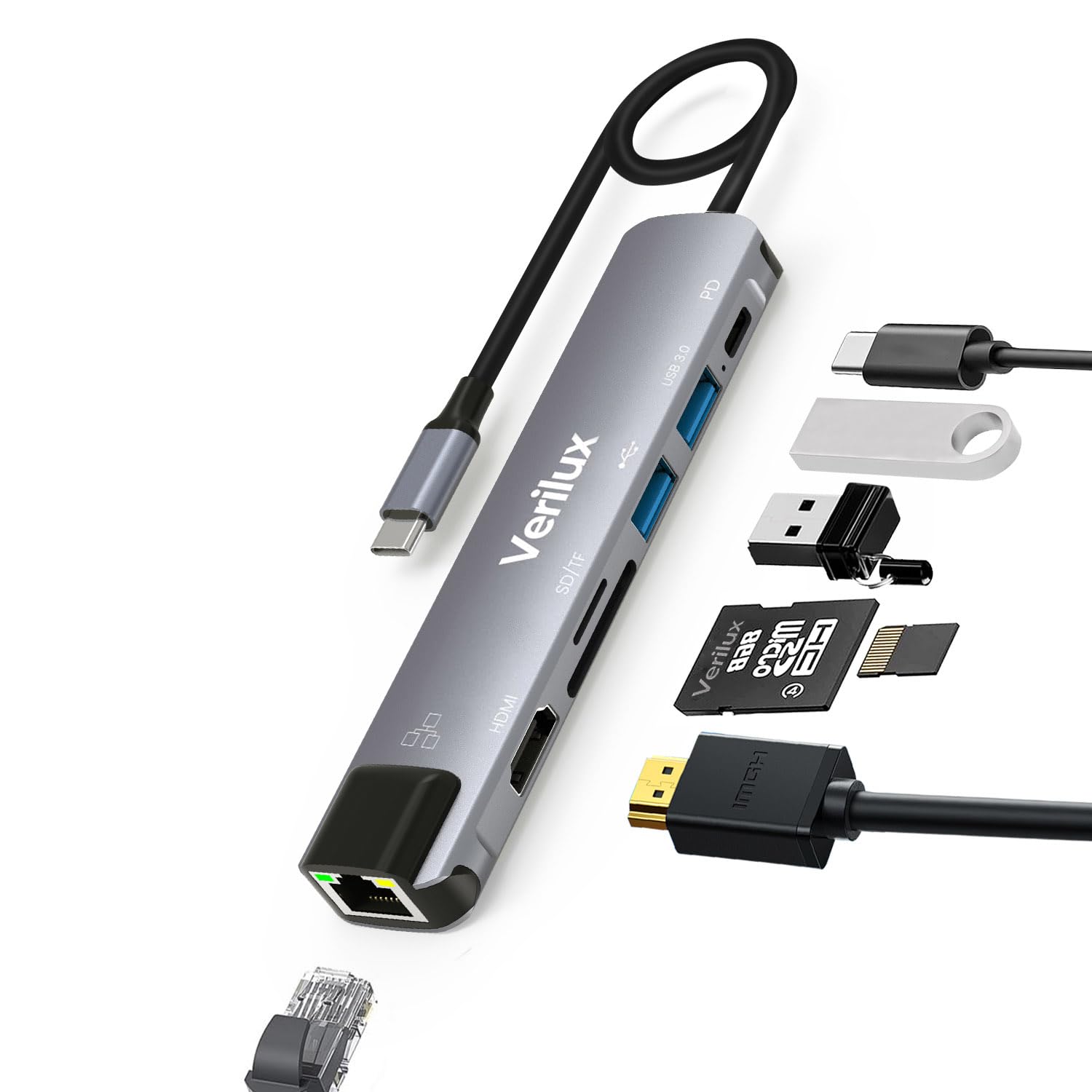 Verilux 7 in 1 USB C Hub,Type C to 4K HDMI Output,PD Charging Port,RJ45 Ethernet, SD/TF Card, USB 3.0,USB 2.0 USB C Hub for MacBook Pro, MacBook Air M1, Switch,and More Type-C Enabled Device Verilux 7 in 1 USB C Hub,Type C to 4K HDMI Output,PD Charging Port,RJ45 Ethernet, SD/TF Card, USB 3.0,USB 2.0 USB C Hub for MacBook Pro, MacBook Air M1, Switch,and More Type-C Enabled Device